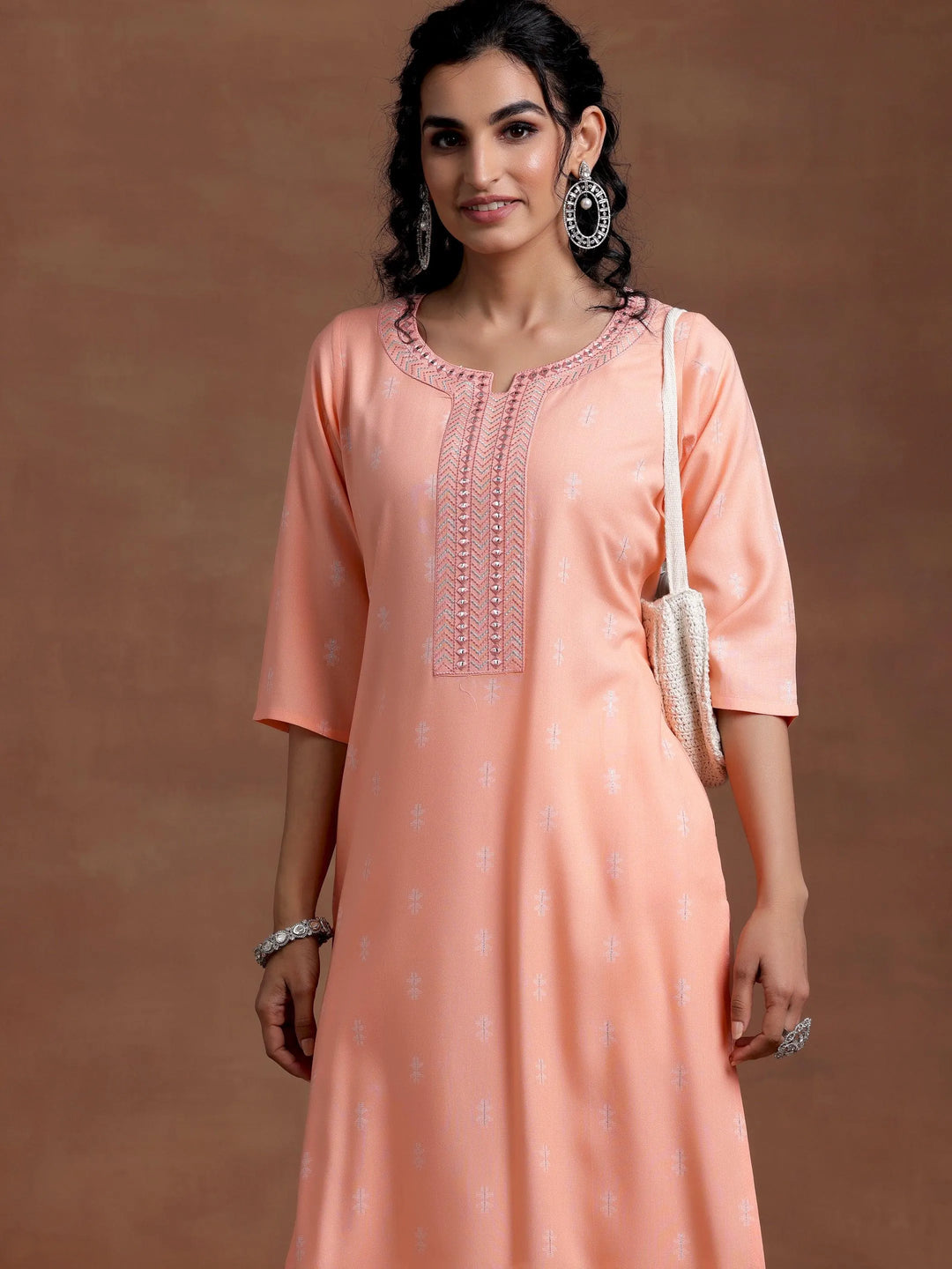 Peach Woven Design Cotton Straight Kurta - Libas 
