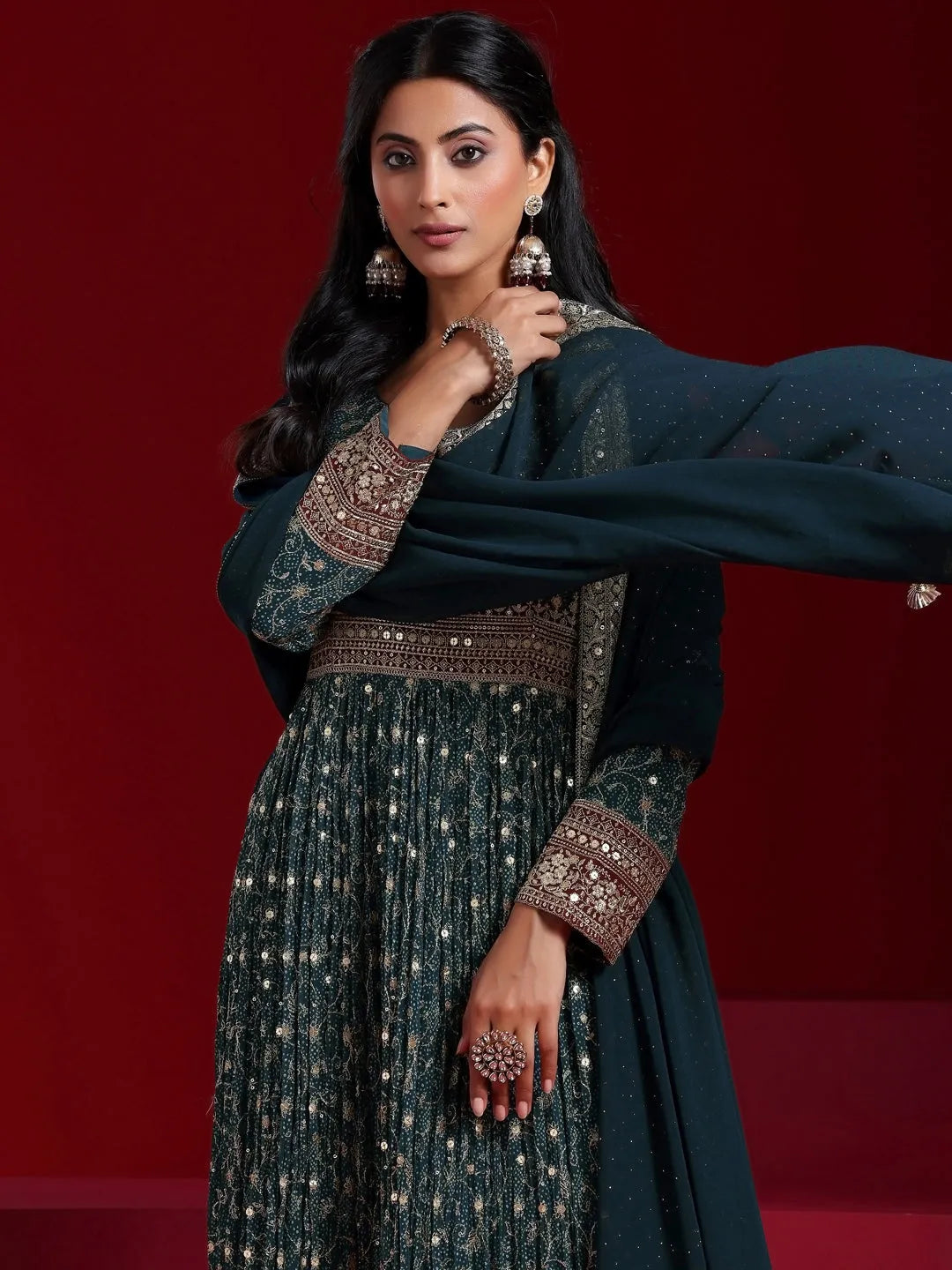  Teal Blue Printed Georgette A-Line Kurta With Trousers & Dupatta 