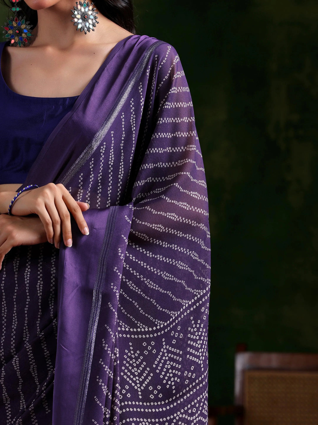 Purple Printed Satin Saree With Unstitched Blouse Piece - Libas 