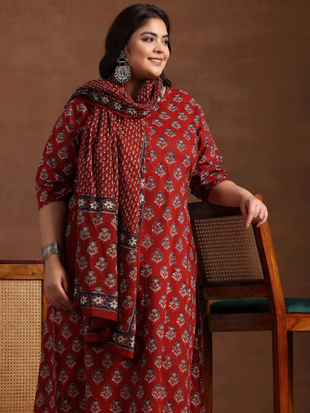  Plus Size Rust Printed Cotton Straight Suit With Dupatta 