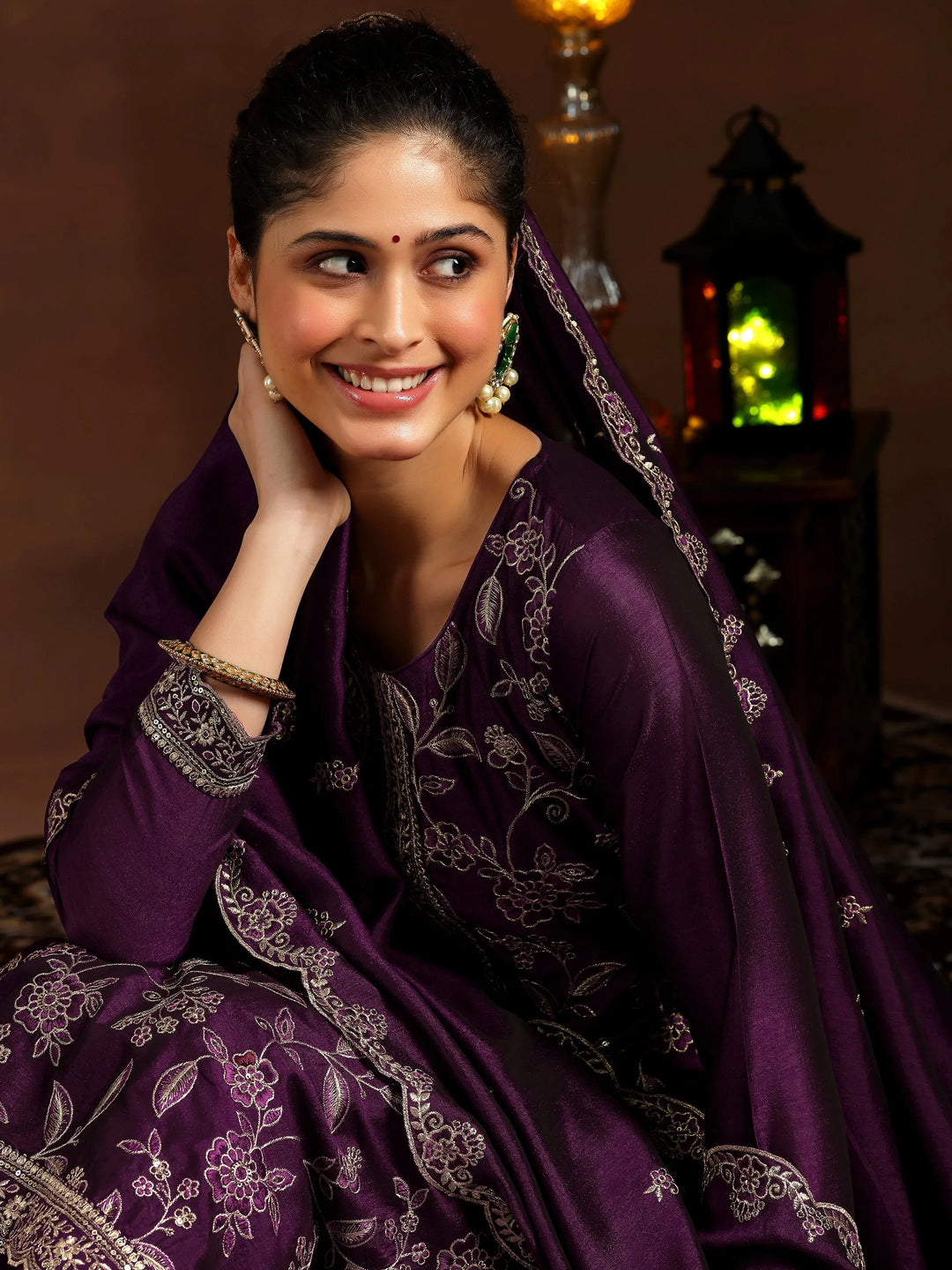  Wine Embroidered Silk Blend Straight Suit With Dupatta 