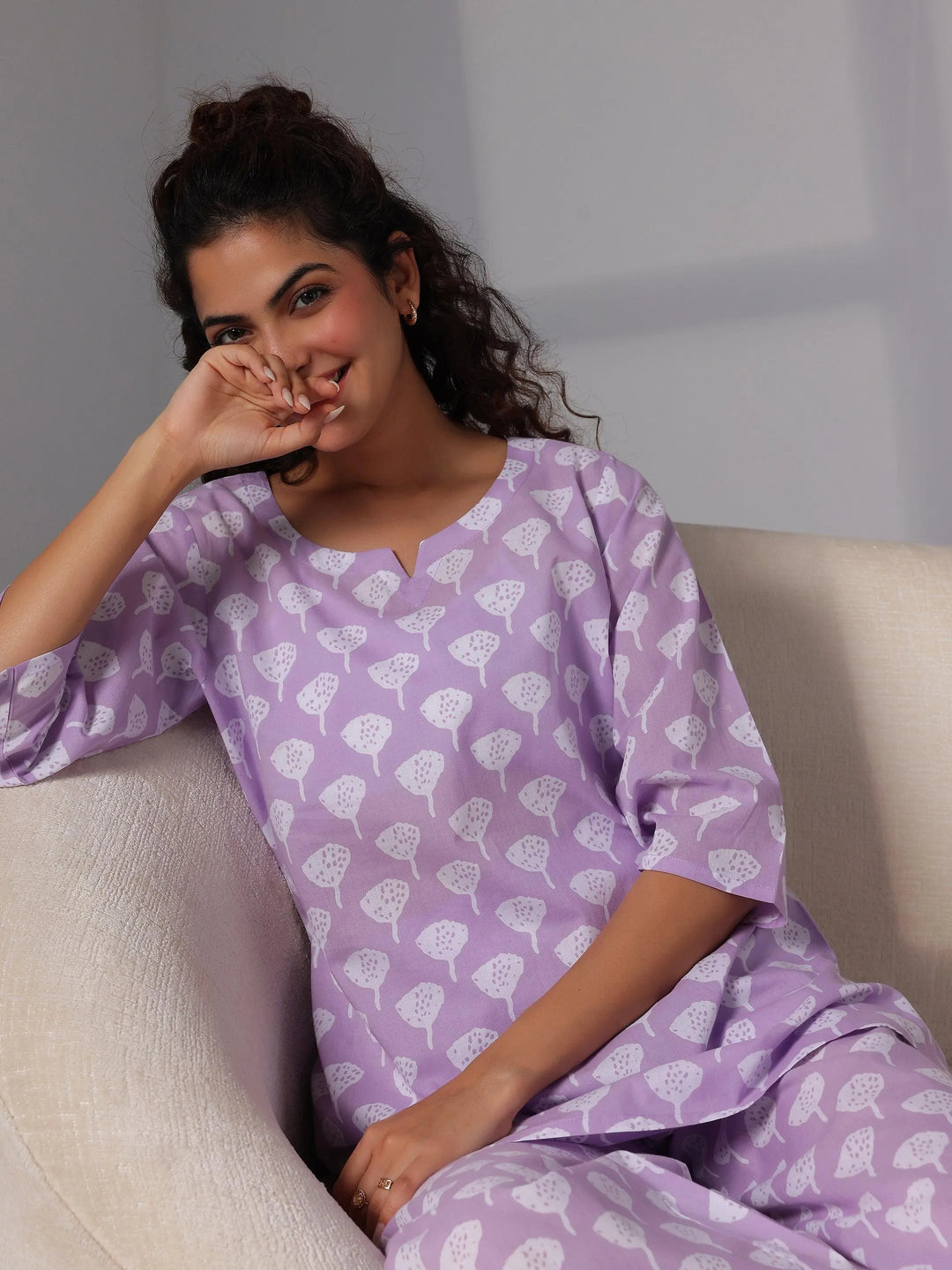 Lavender Printed Cotton Night Suits - Libas