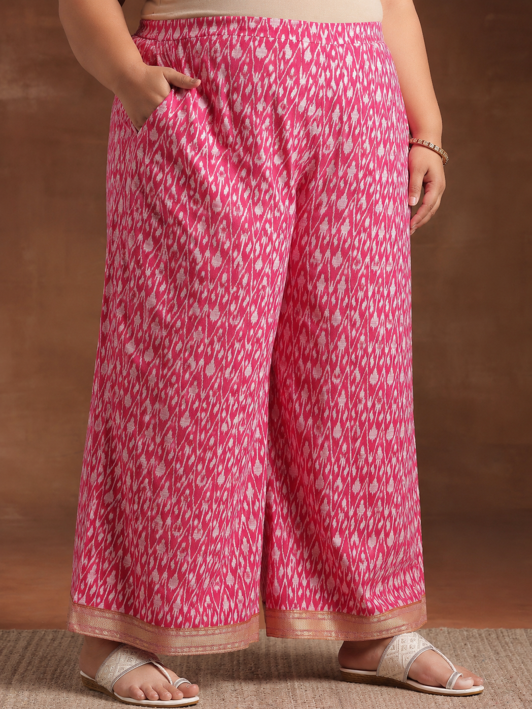  Plus Size Orange Floral Printed Cotton Straight Suit Set 