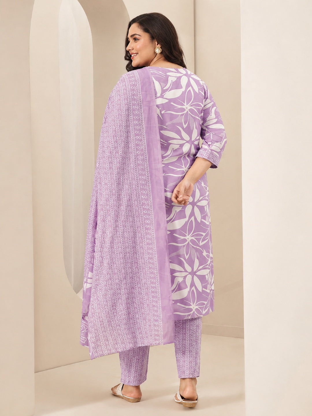  Plus Size Mauve Floral Printed Cotton Blend Straight Suit Set 