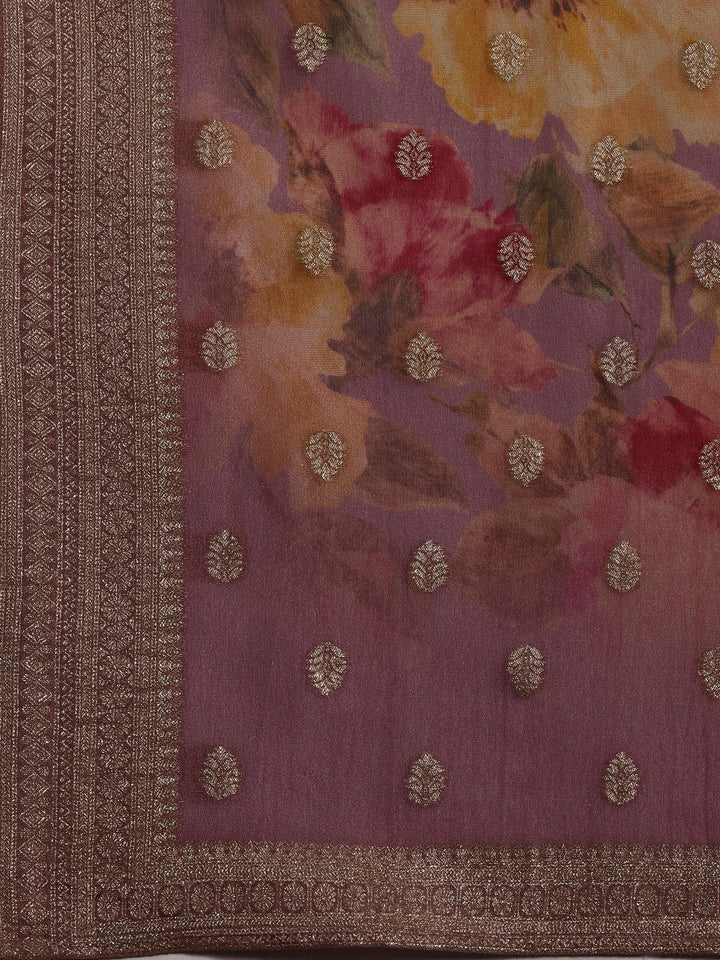 Mauve Woven Design Silk Blend Straight Kurta With Palazzos & Dupatta - Libas