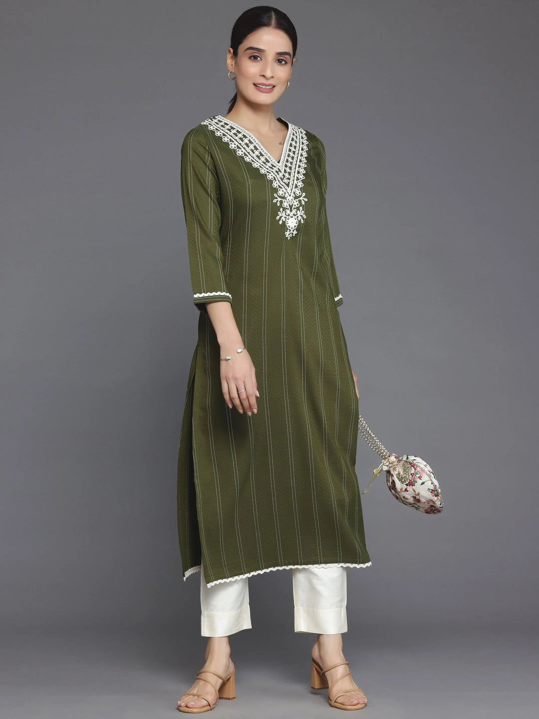 Olive Yoke Design Silk Straight Kurta - Libas 