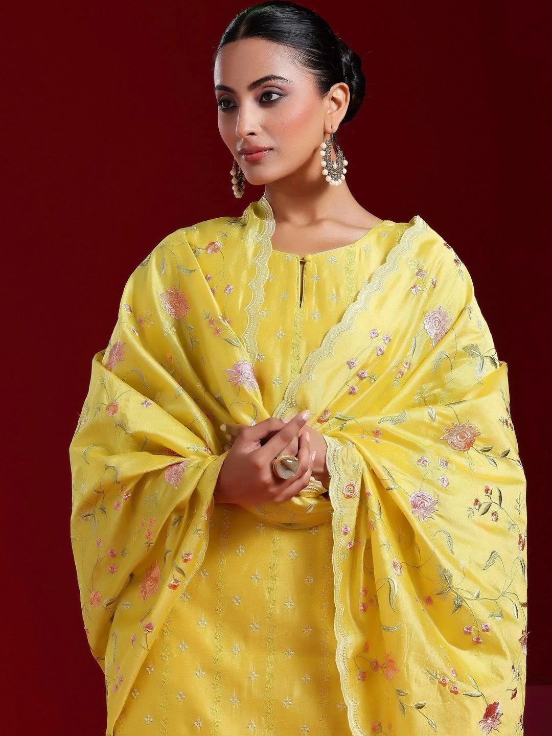  Libas Art Yellow Embroidered Chanderi Silk Straight Suit With Dupatta 