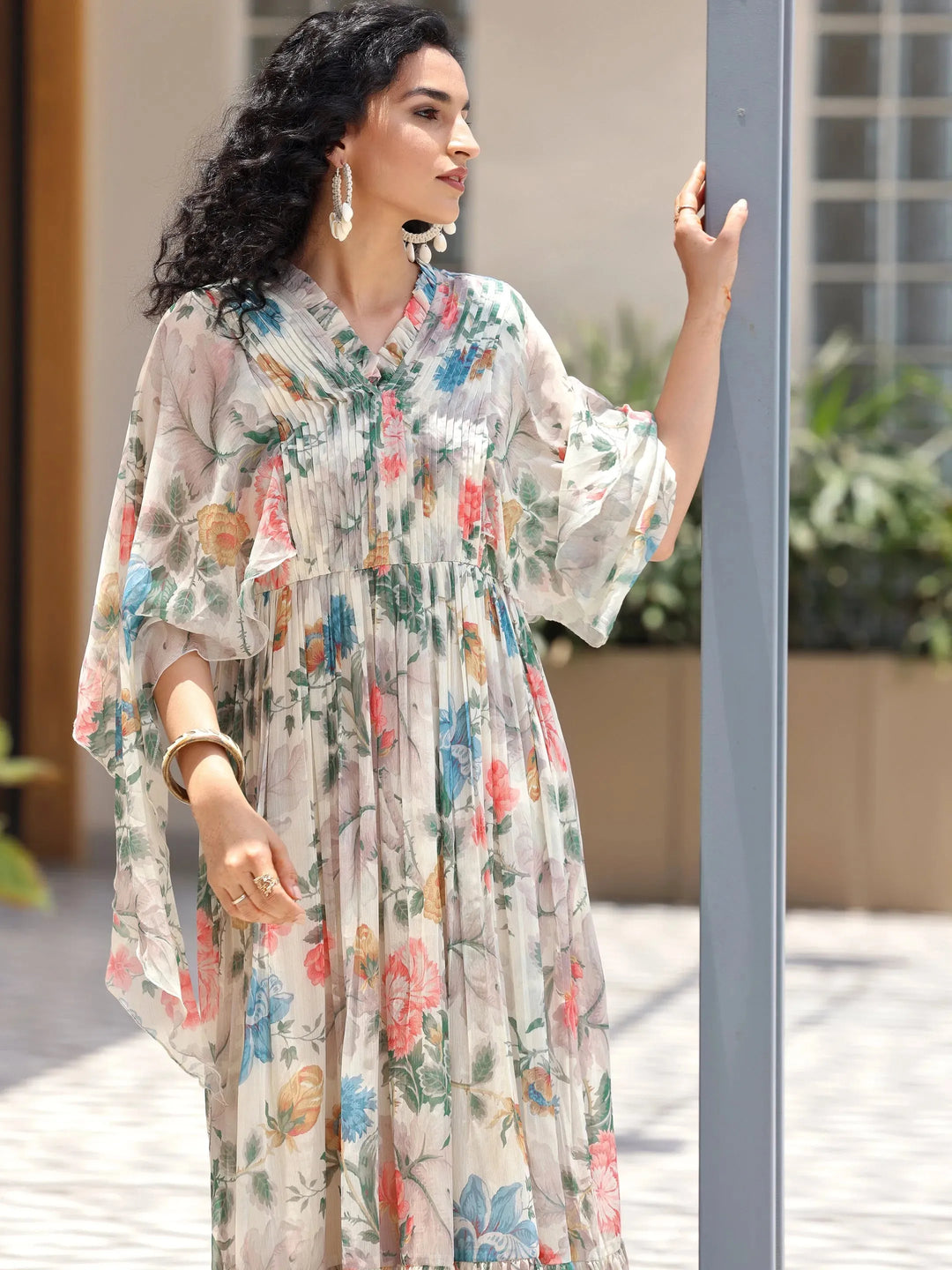  Off White Printed Chiffon A-Line Dress 