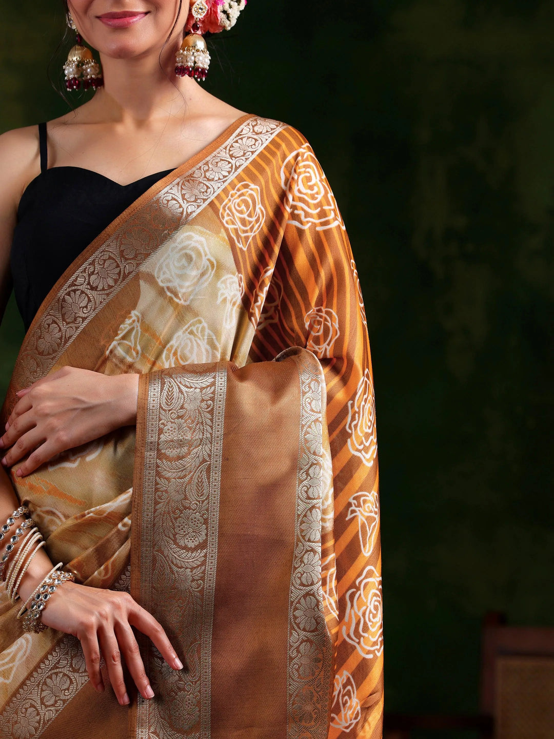 Brown Printed Silk Blend Saree With Unstitched Blouse Piece - Libas 