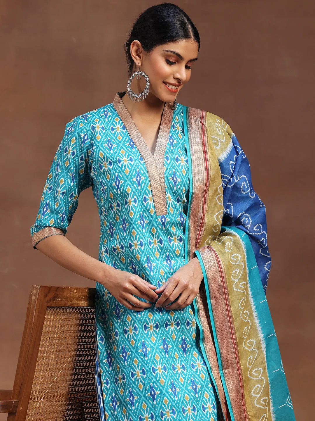  Blue Printed Cotton Straight Suit With Dupatta 