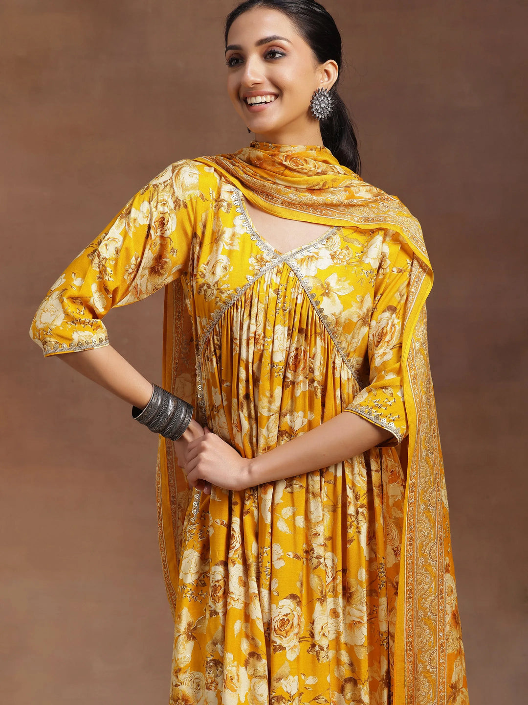  Yellow Printed Silk Blend A-Line Kurta With Palazzos & Dupatta 
