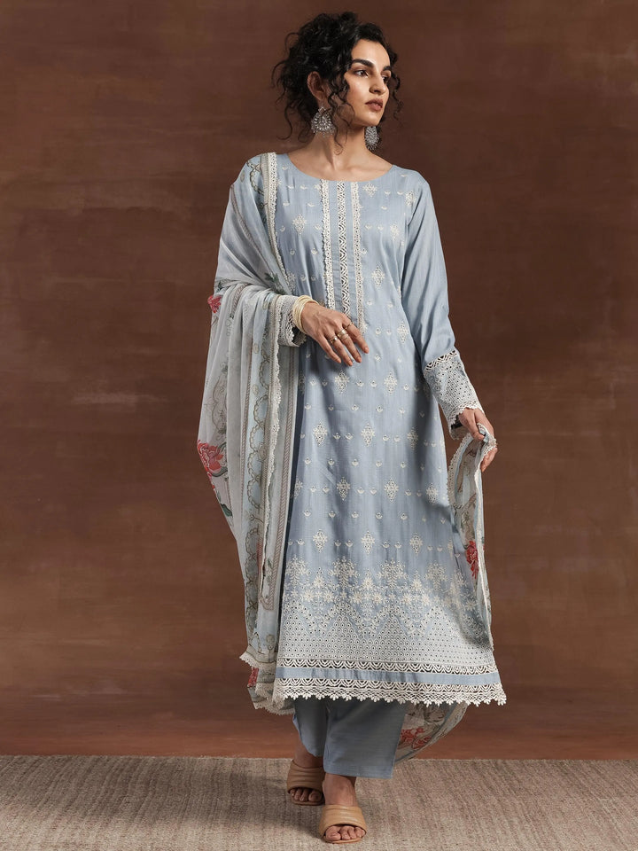 Blue Embroidered Silk Blend Straight Suit With Dupatta - Libas