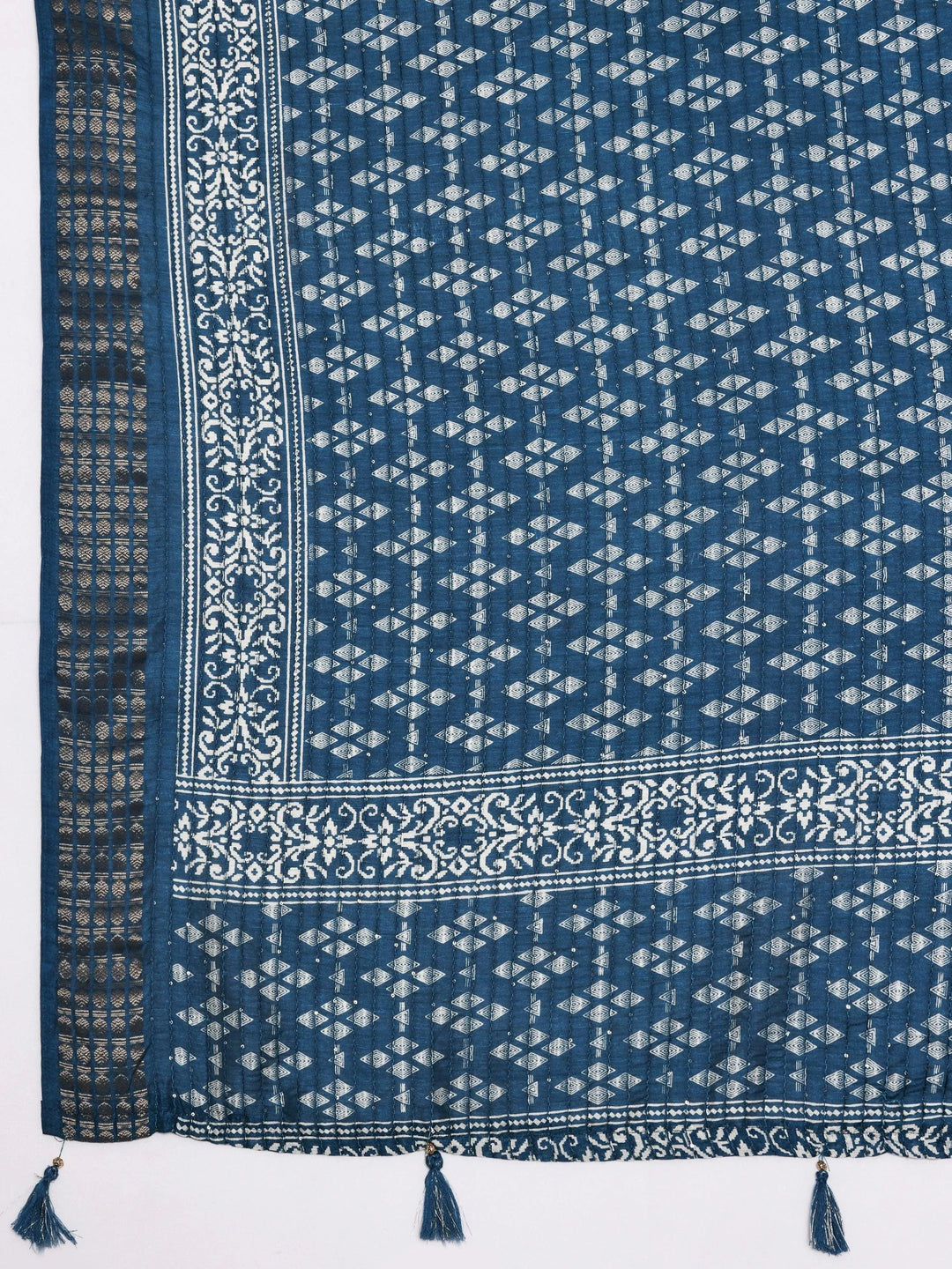 Teal Printed Silk Blend Saree With Unstitched Blouse Piece - Libas 