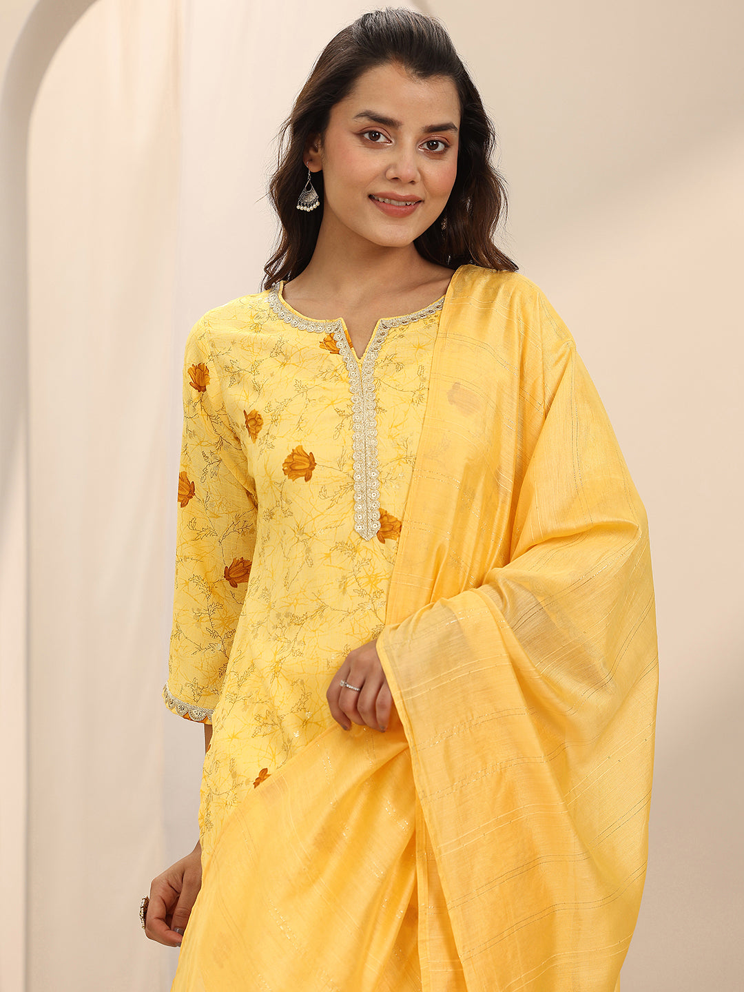  Yellow Printed Cotton Blend Straight Suit Set With Dupatta 