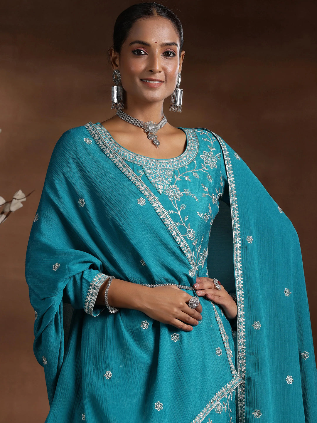  Rama Blue Embroidered Silk Blend Straight Suit With Dupatta 