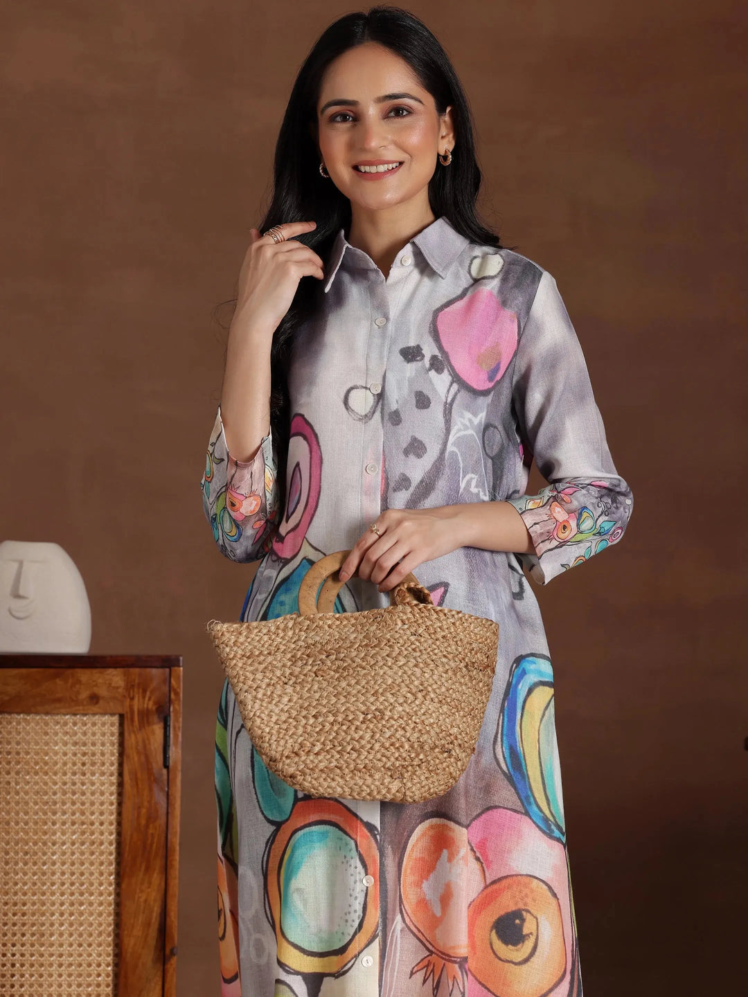  Grey Printed Cotton Blend Shirt Dress 