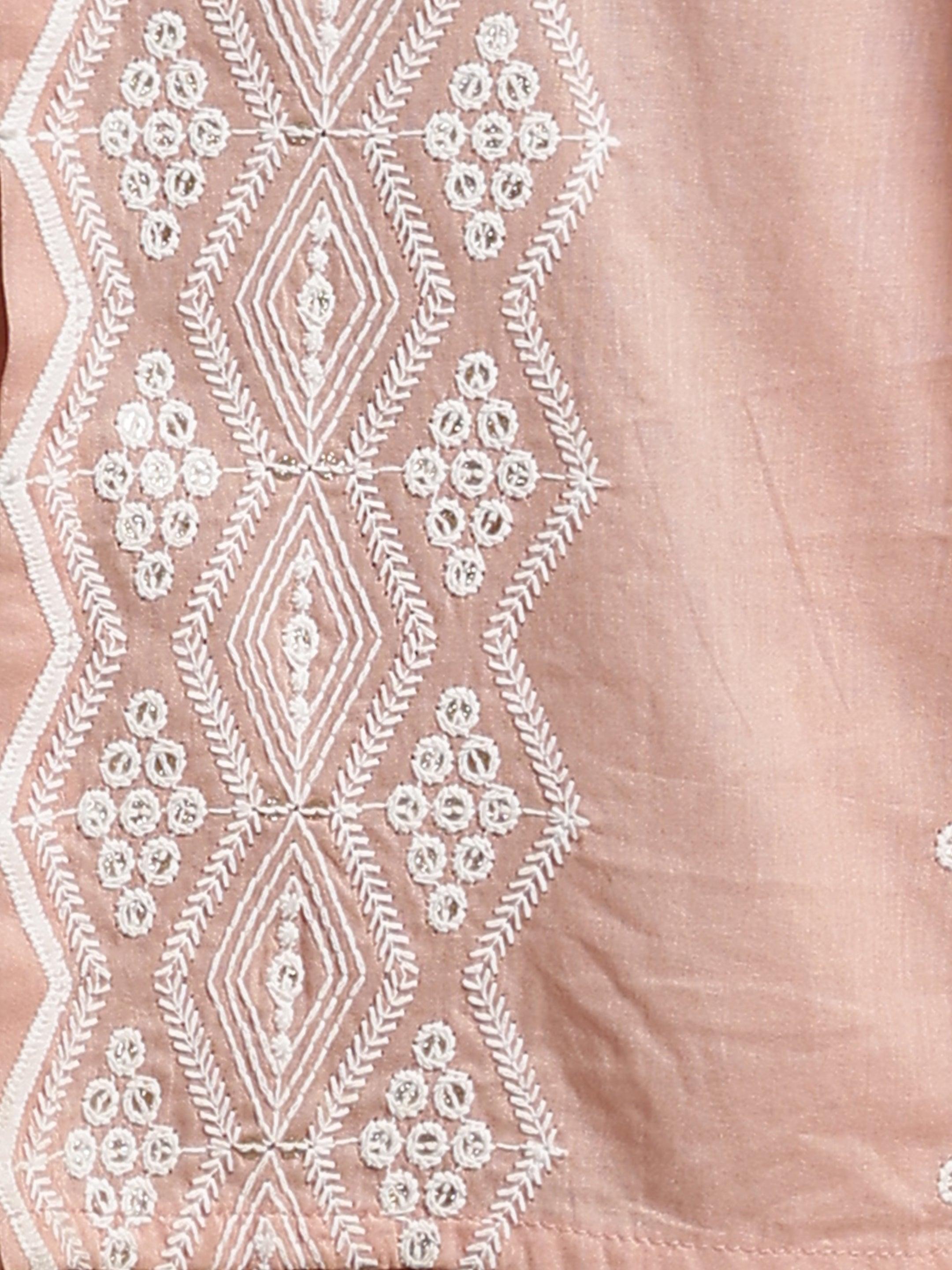 Peach Embroidered Cotton Straight Suit With Dupatta