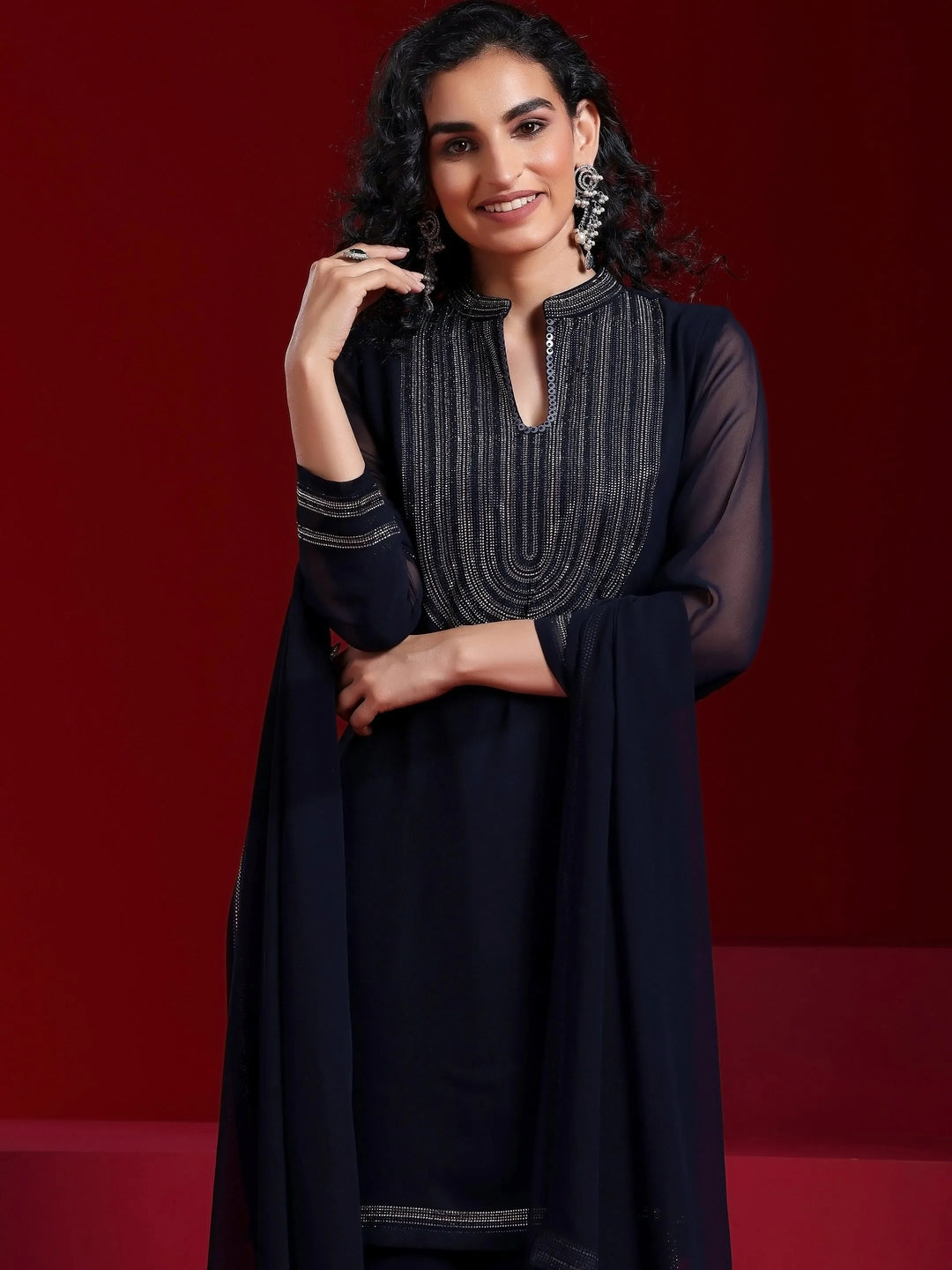  Libas Art Blue Yoke Design Georgette Straight Suit With Dupatta 
