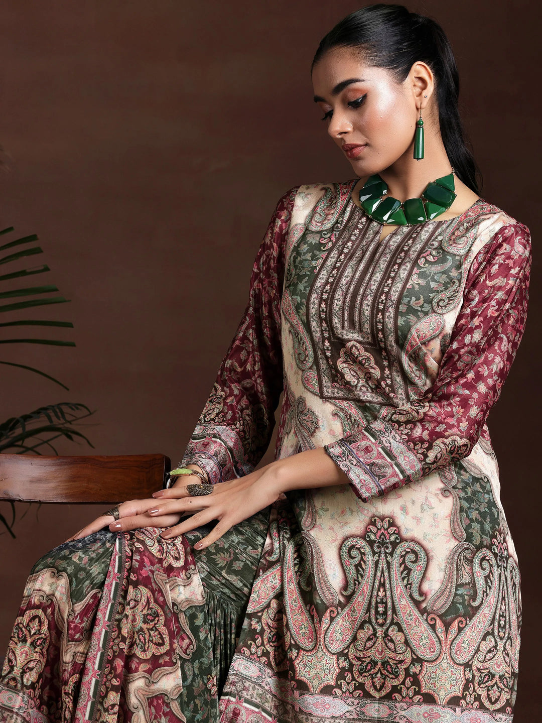  Beige Printed Silk Blend Straight Suit With Dupatta 