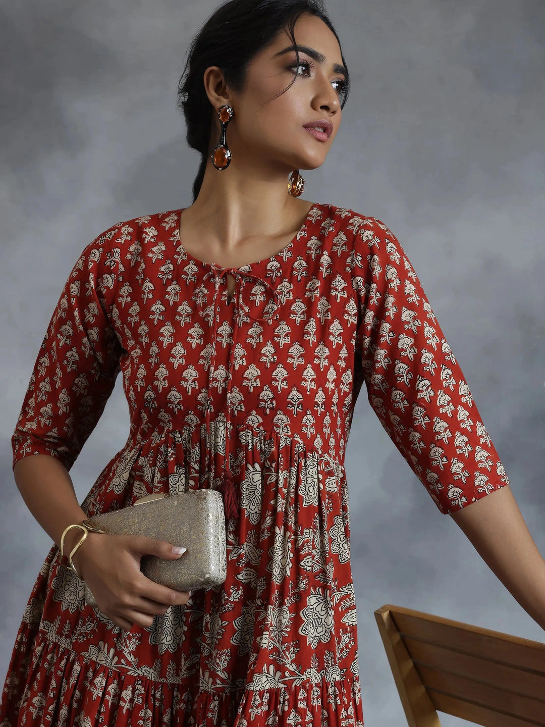  Rust Printed Cotton A-Line Dress 
