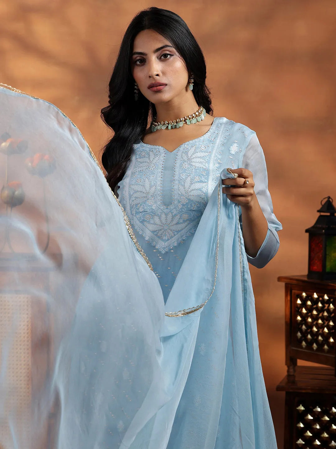  Blue Embroidered Organza Straight Suit With Dupatta 