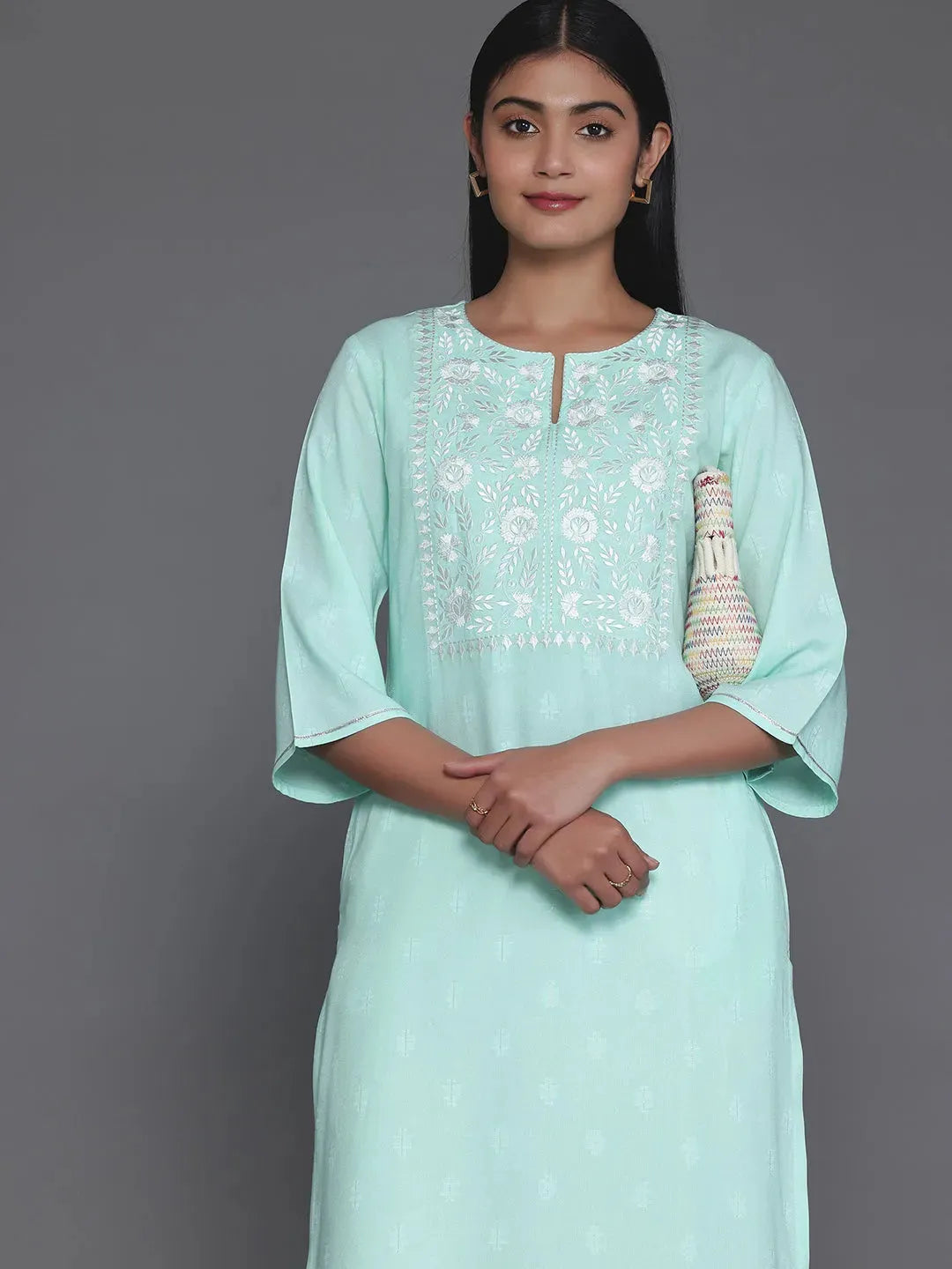  Light Blue Yoke Design Rayon Straight Kurta 