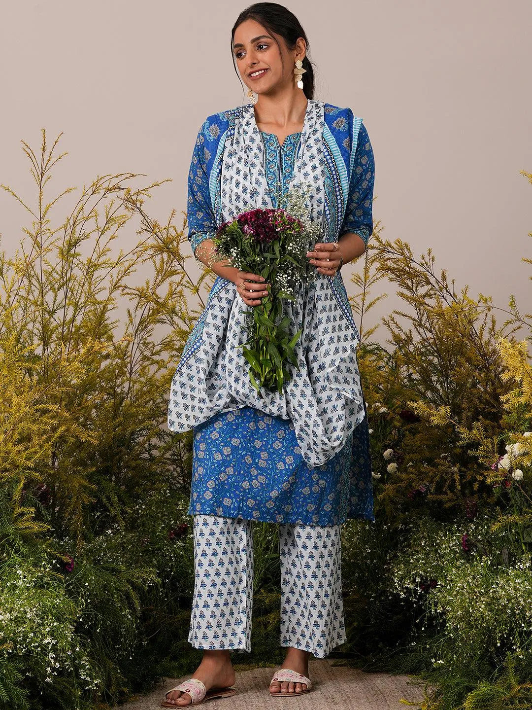 Blue Printed Cotton Straight Suit With Dupatta - Libas