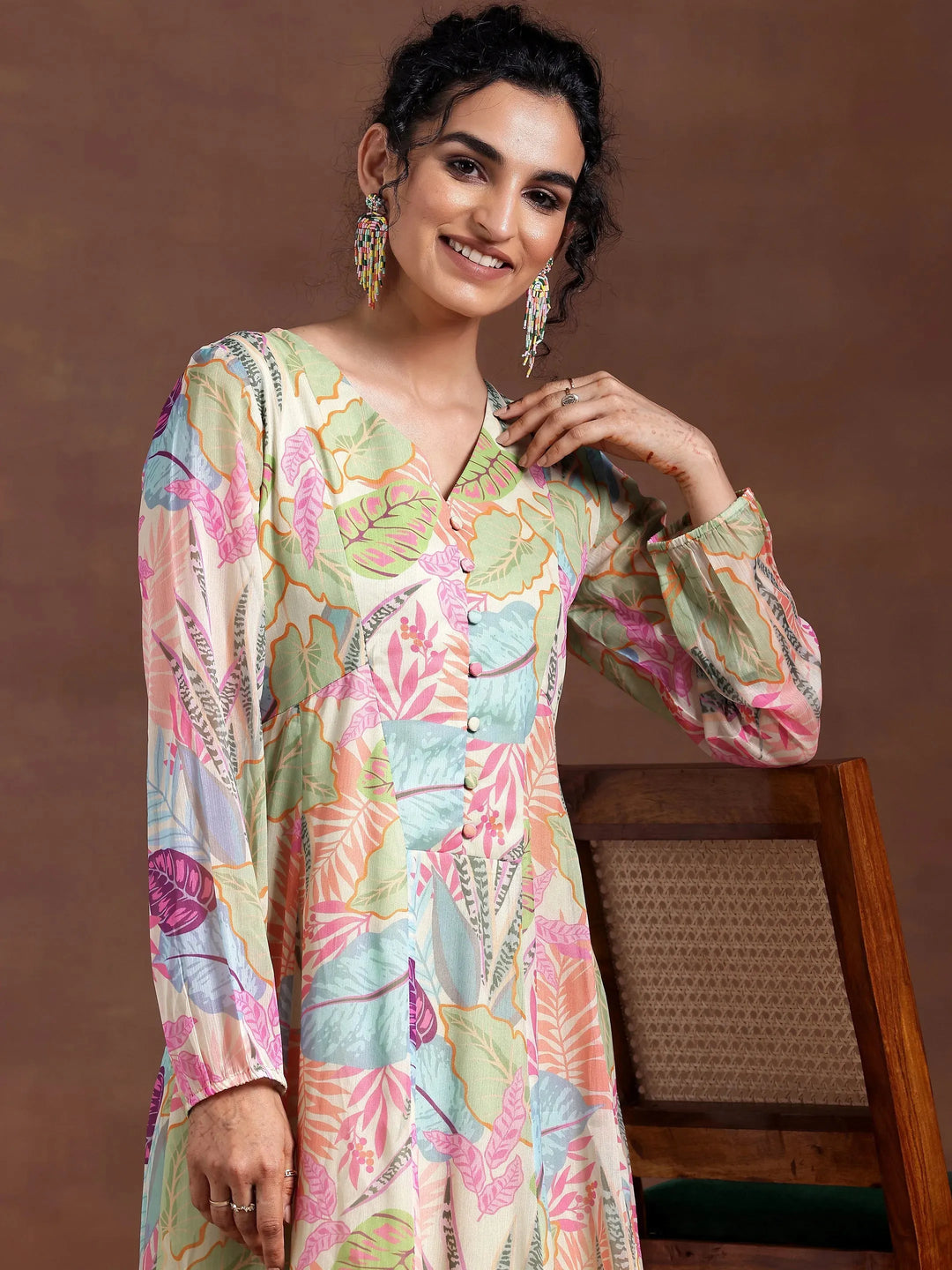  Green Printed Chiffon A-Line Dress 