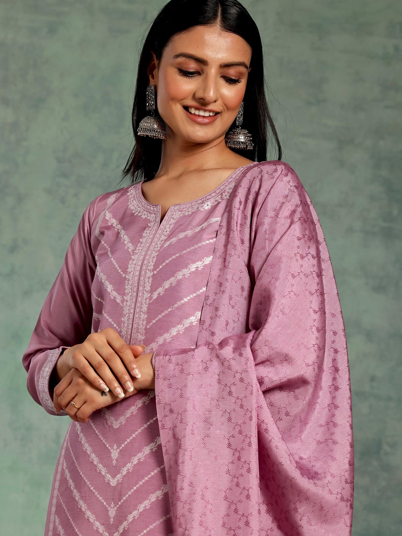 Lilac Woven Design Silk Blend Straight Suit With Dupatta - Libas