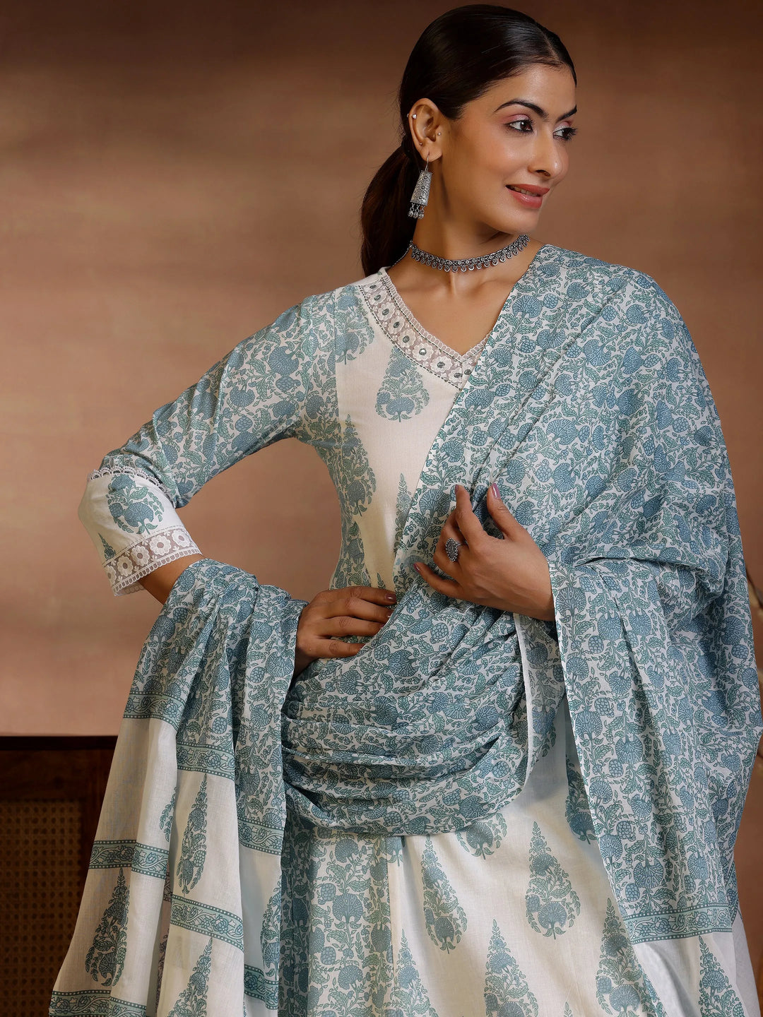  Off White Printed Cotton A-Line Kurta With Trousers & Dupatta 