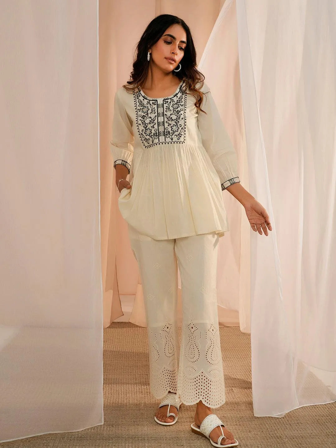 Off White Yoke Design Cotton A-Line Kurti - Libas 