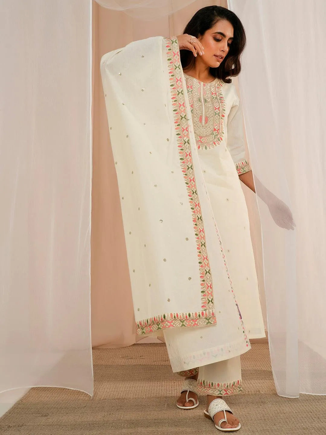 Off White Embroidered Cotton Straight Suit With Dupatta - Libas 