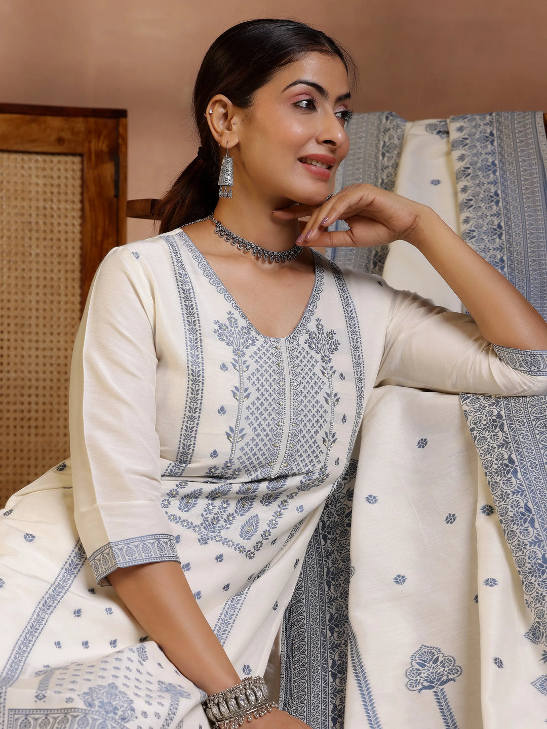  Off White Woven Design Chanderi Silk Straight Suit With Dupatta 