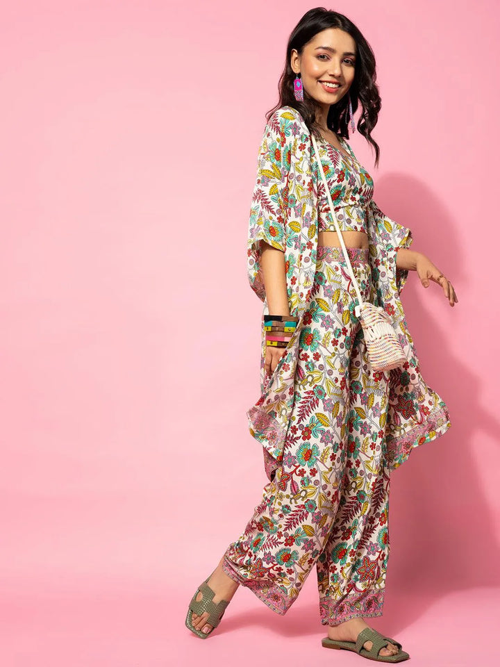 Cream Printed Silk Blend Co-Ords - Libas