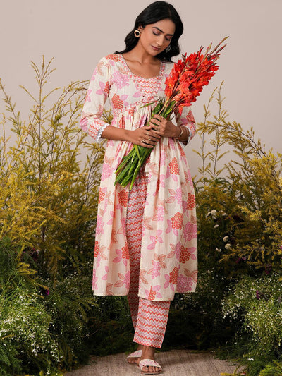 Off White Printed Cotton A-Line Kurta With Trousers - Libas