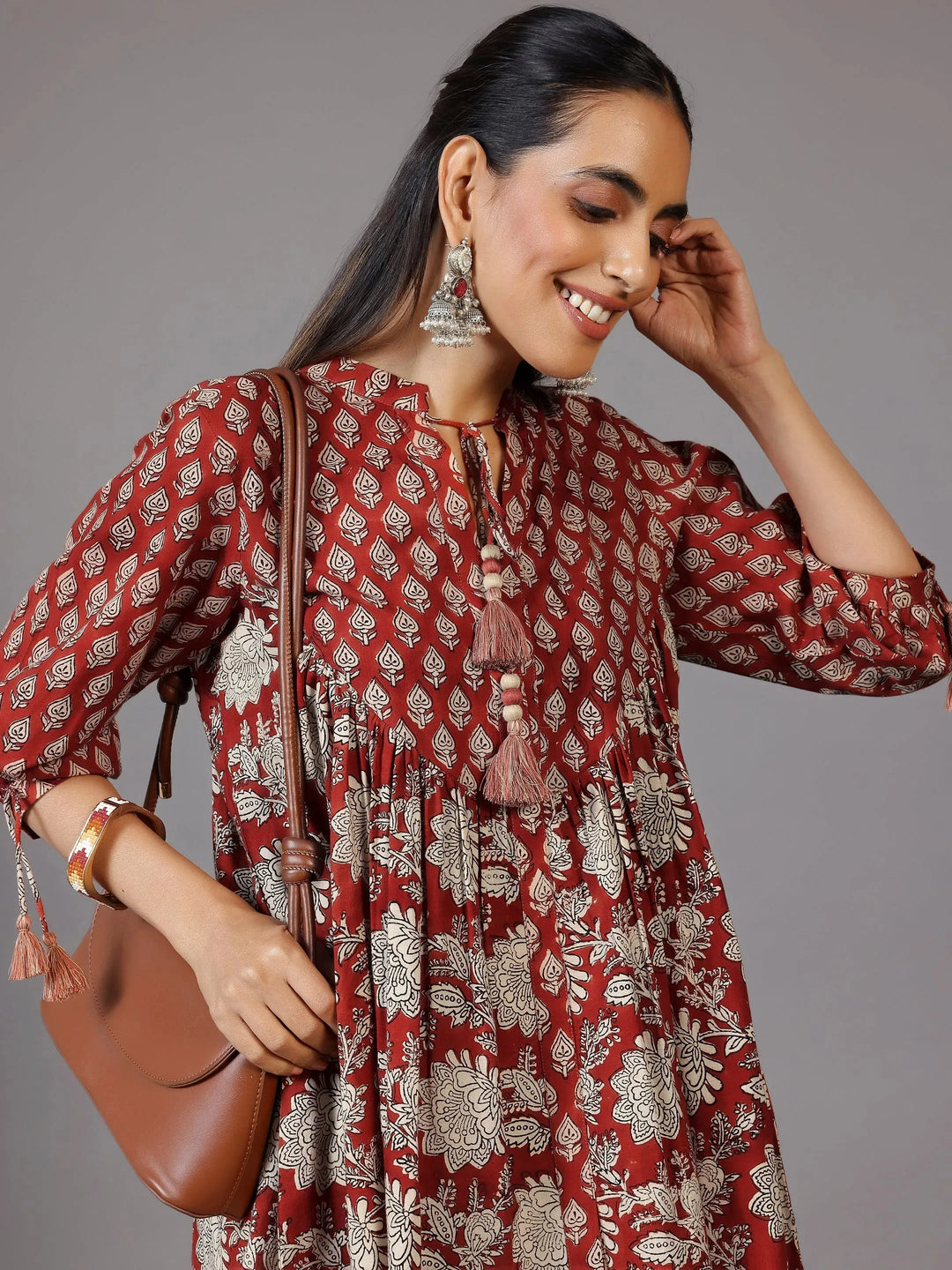  Rust Printed Cotton A-Line Kurti 