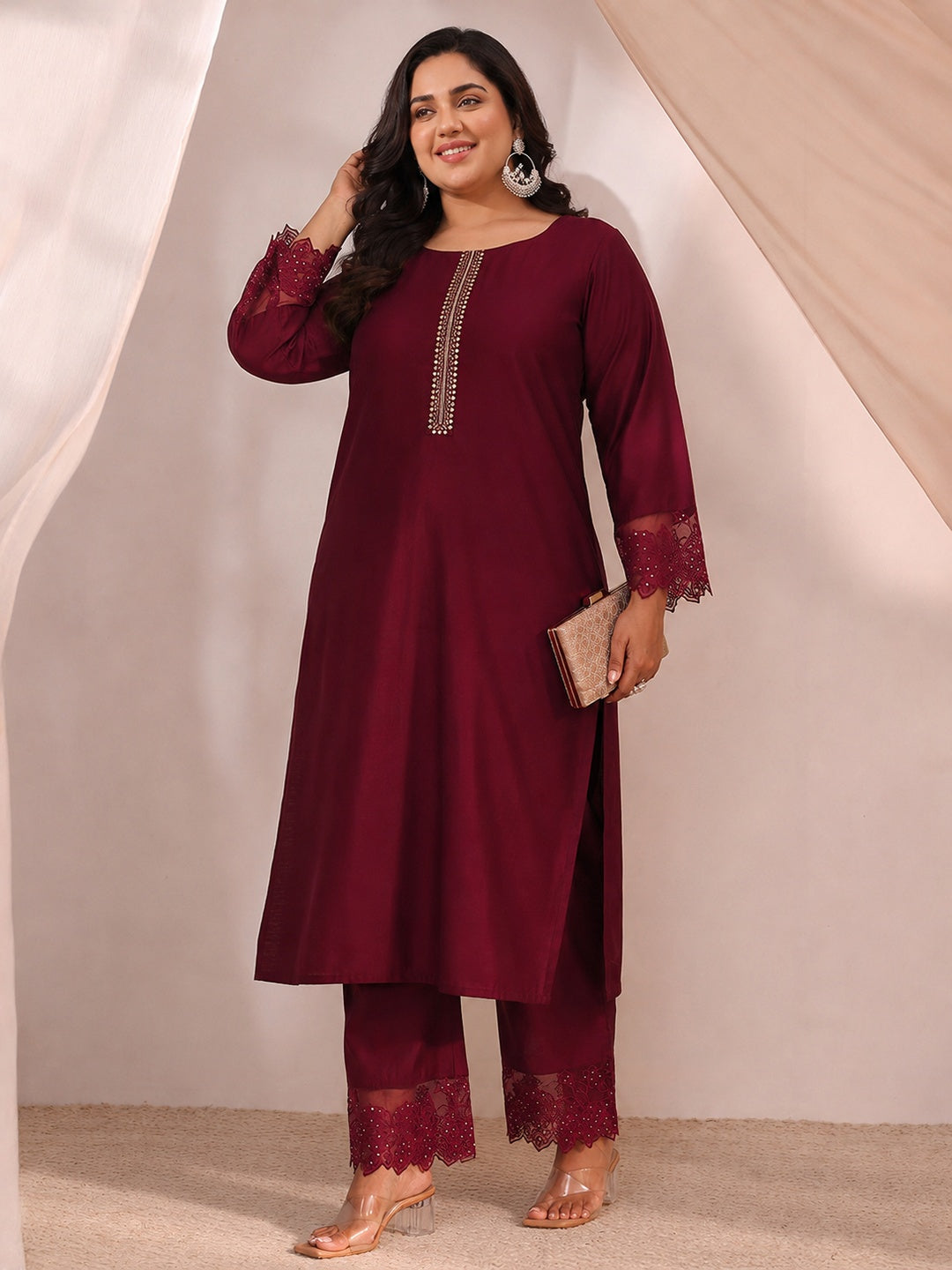 libas Plus Size Maroon Solid Silk Blend Straight Suit Set-picture-26