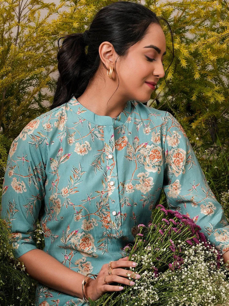 Libas Blue Printed Silk Blend A-Line Kurti