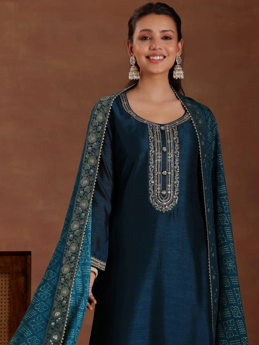  Teal Embroidered Silk Blend Straight Suit With Dupatta 