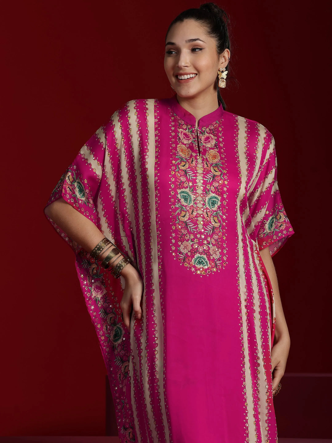  Libas Art Pink Printed Silk Blend Kaftan Kurta With Palazzo 