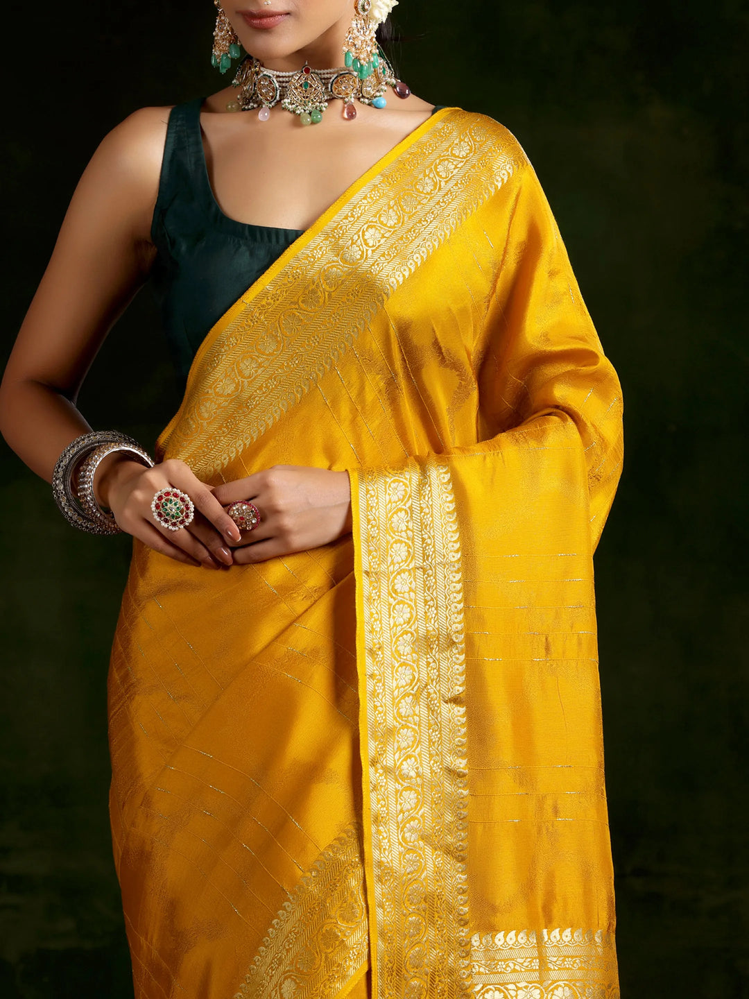  Mustard Woven Design Silk Blend Saree With Unstitched Blouse Piece 