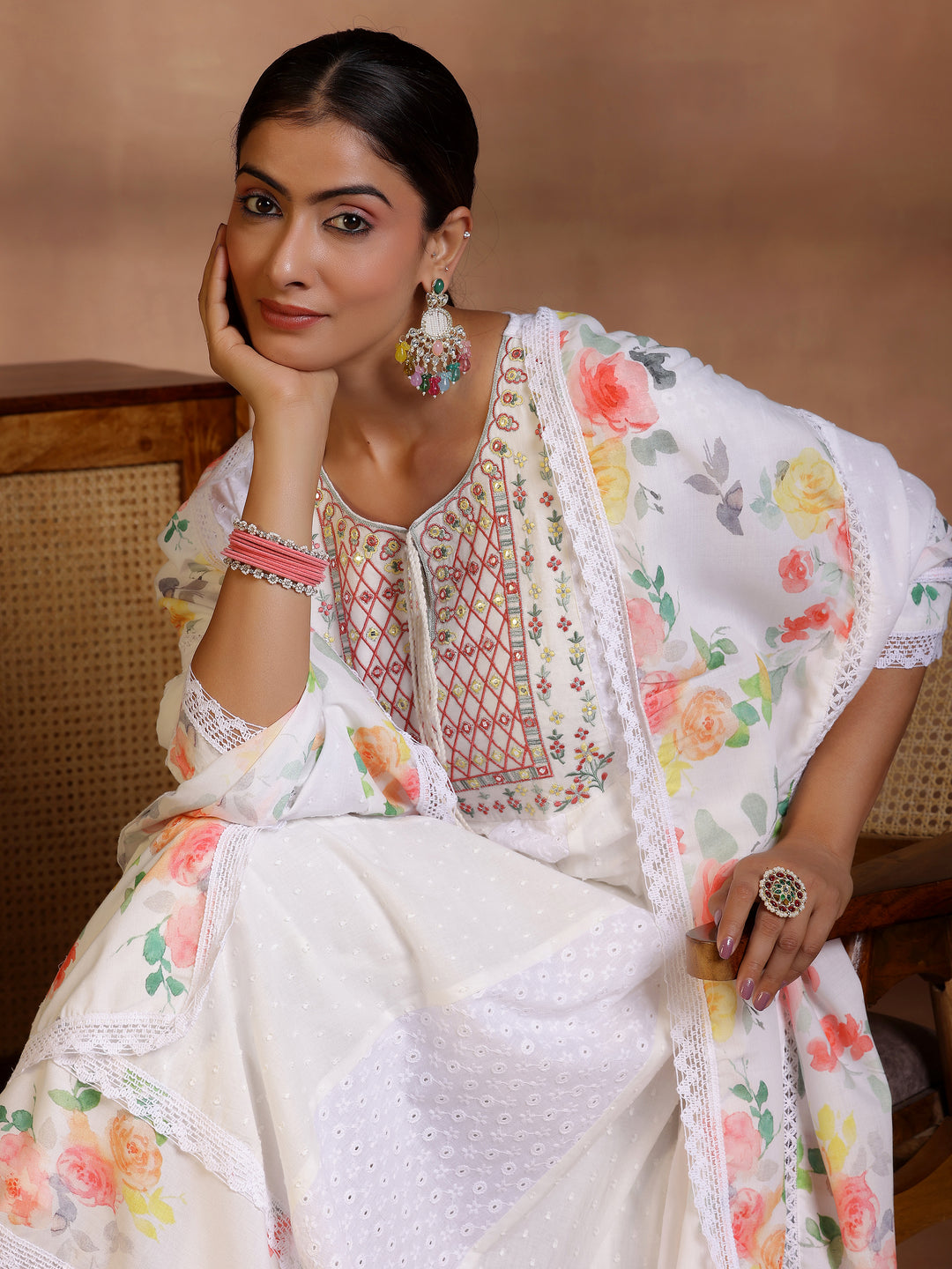  White Self Design Cotton Anarkali Suit With Dupatta 