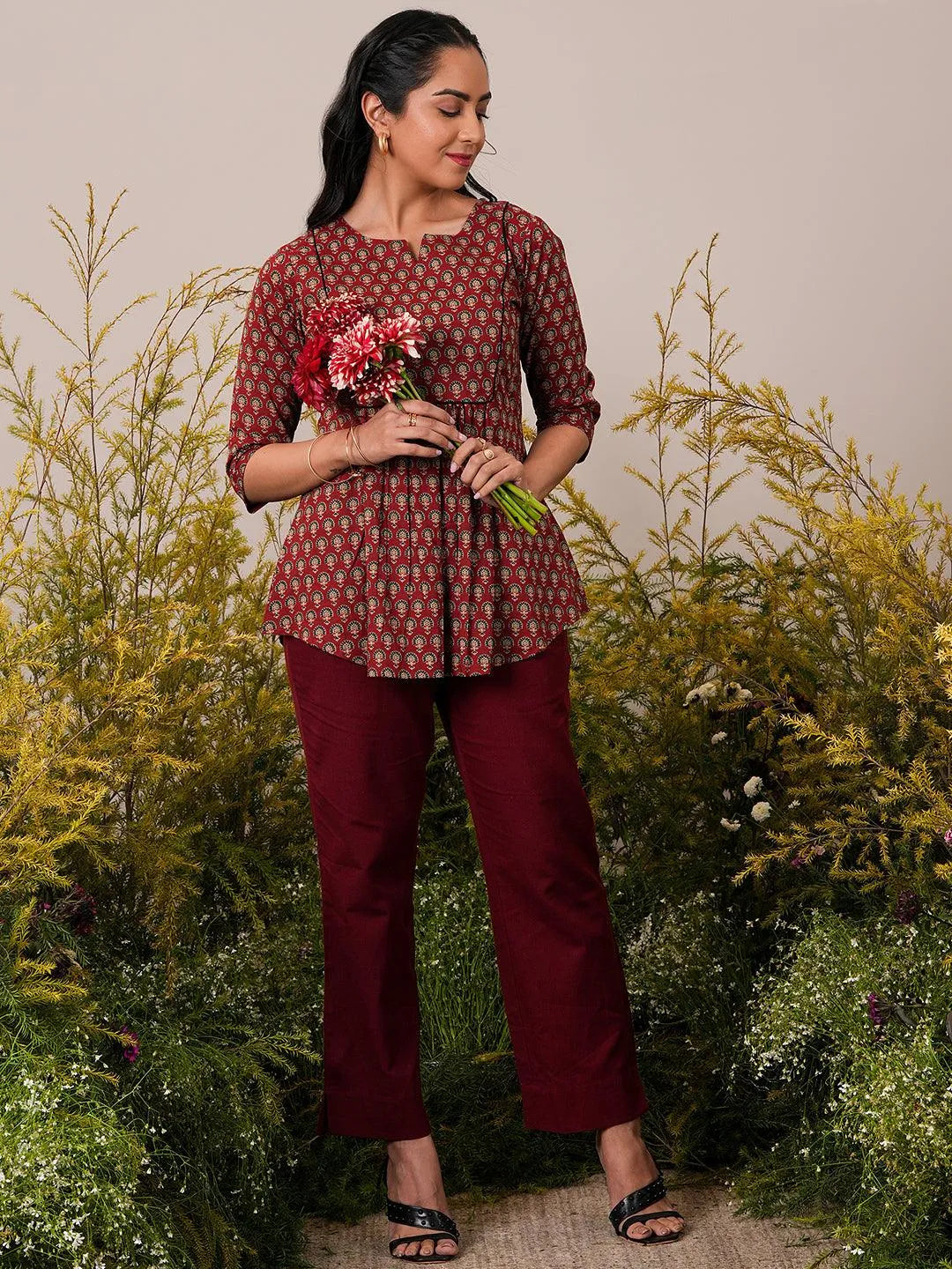 Maroon Printed Cotton A-Line Kurti - Libas