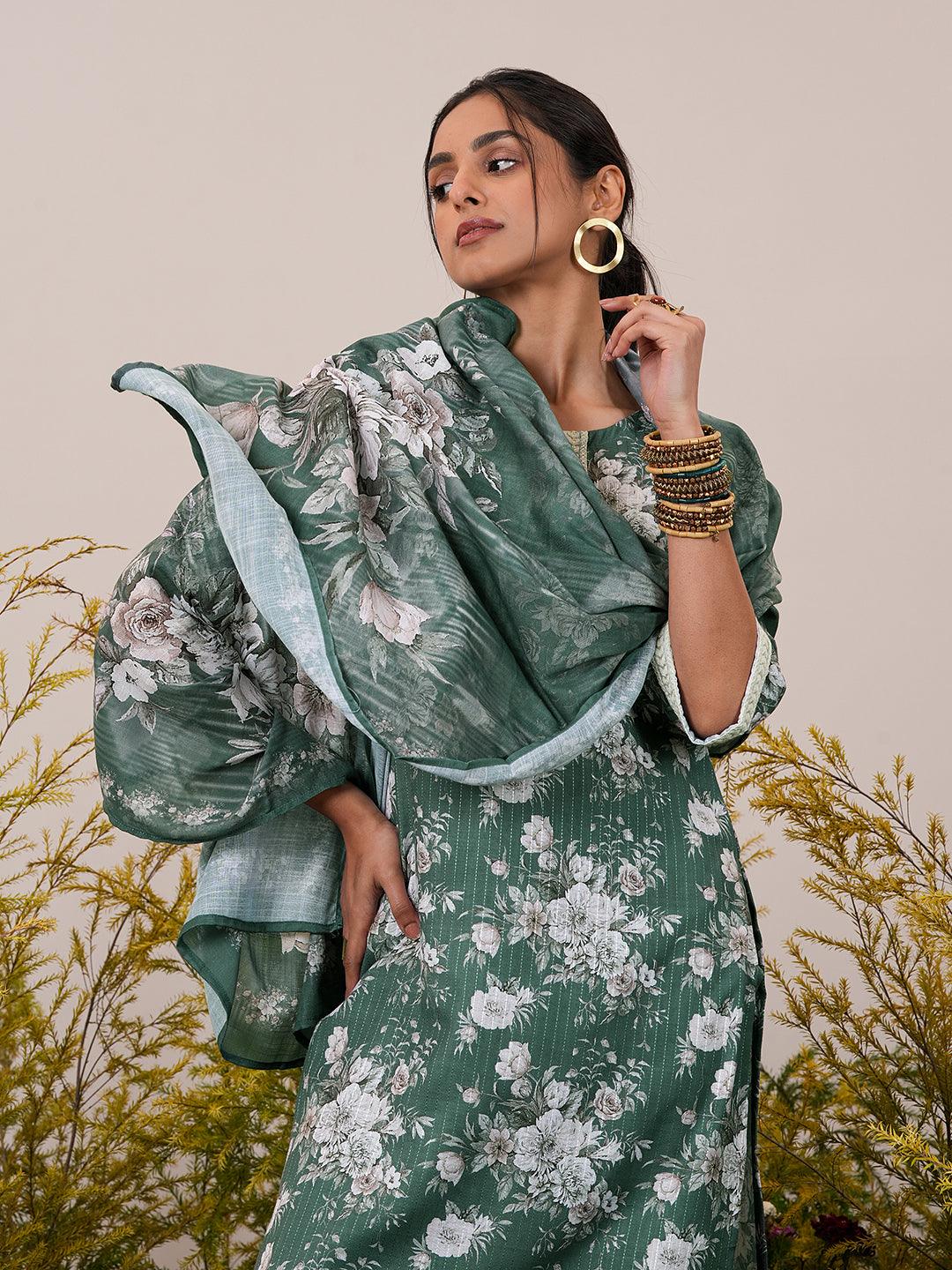 Green Printed Cotton Straight Suit With Dupatta