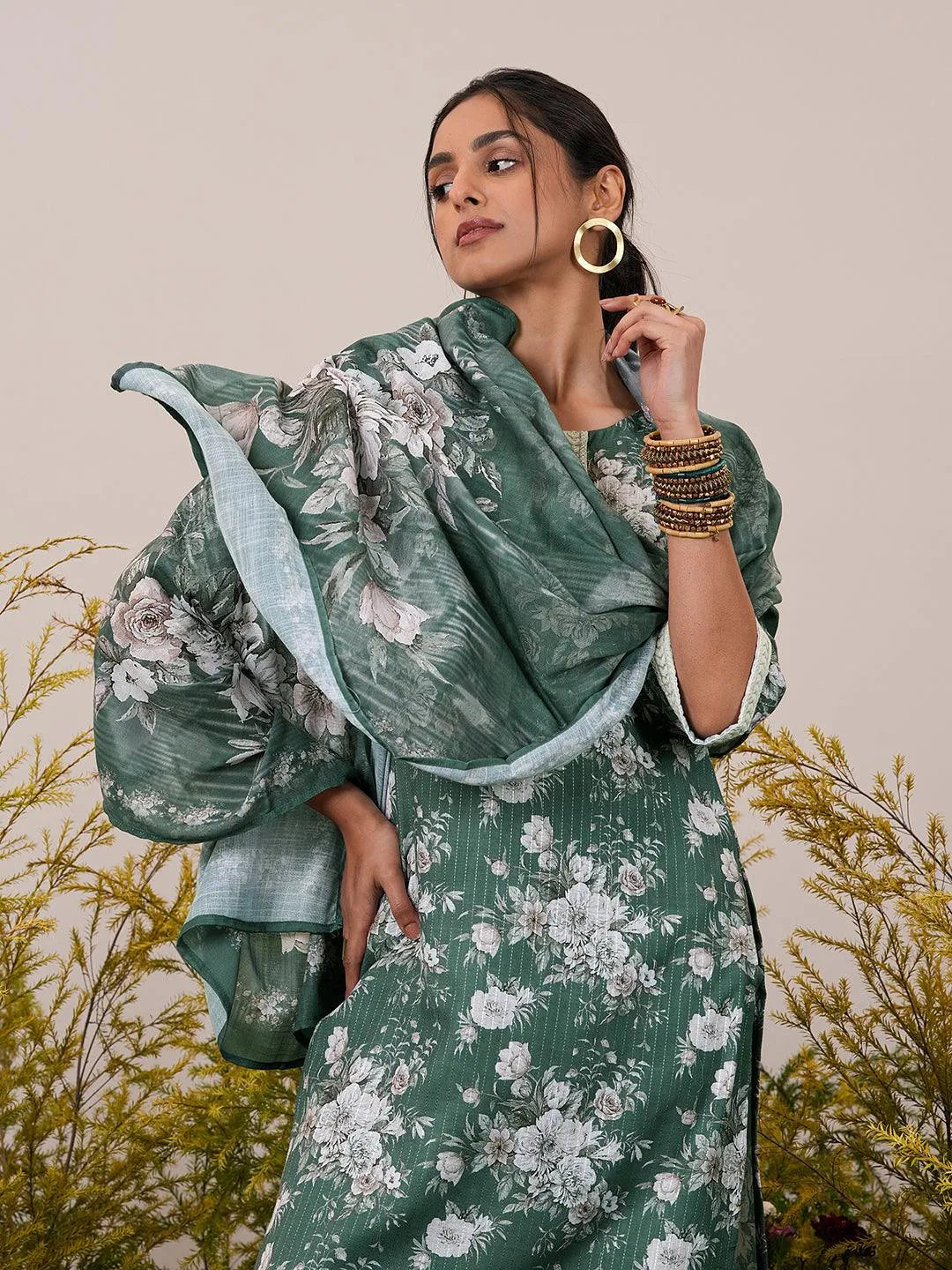 Green Printed Cotton Straight Suit With Dupatta - Libas 