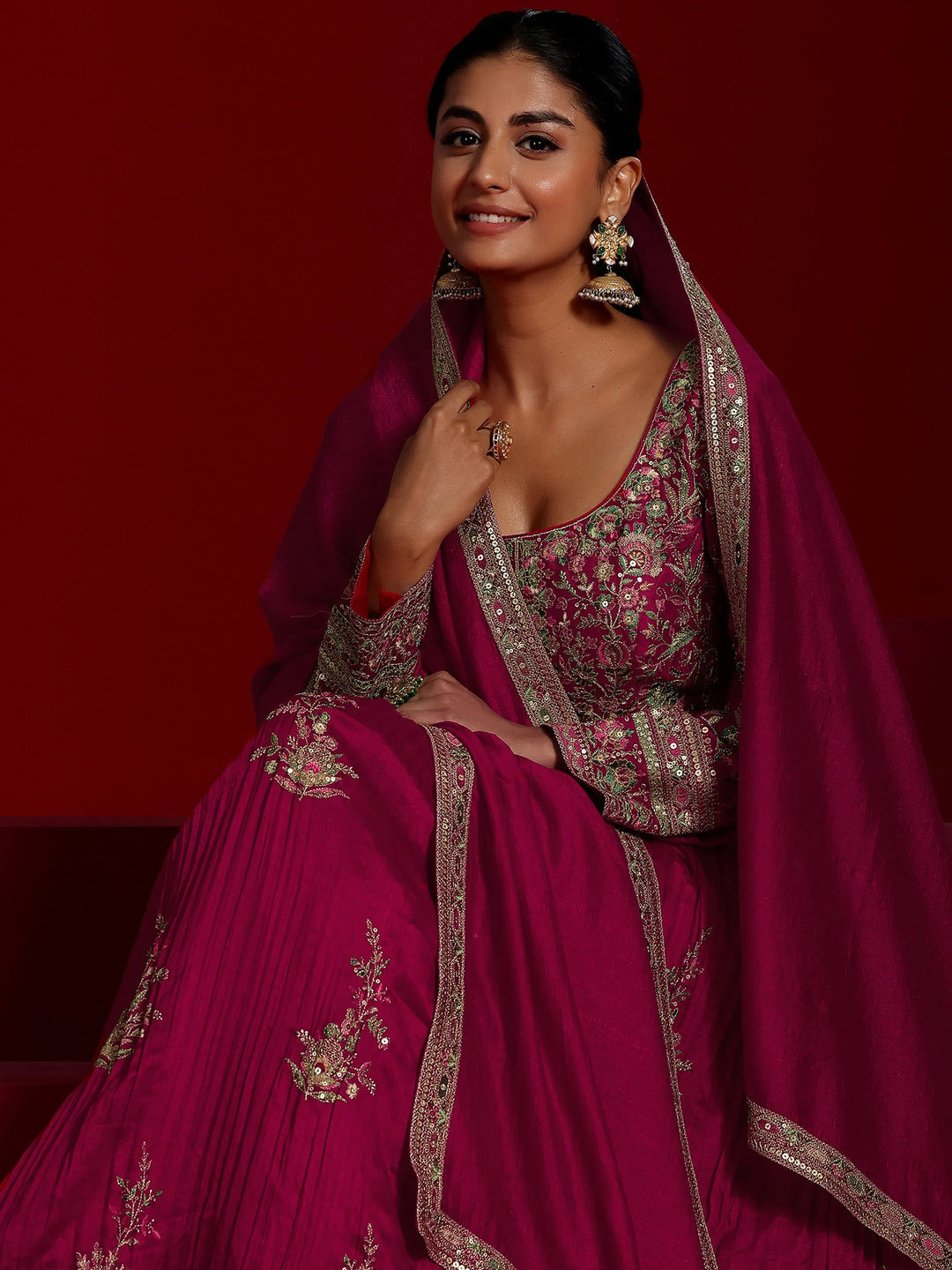  Libas Art Pink Embroidered Silk Blend A-Line Kurta With Trousers & Dupatta 