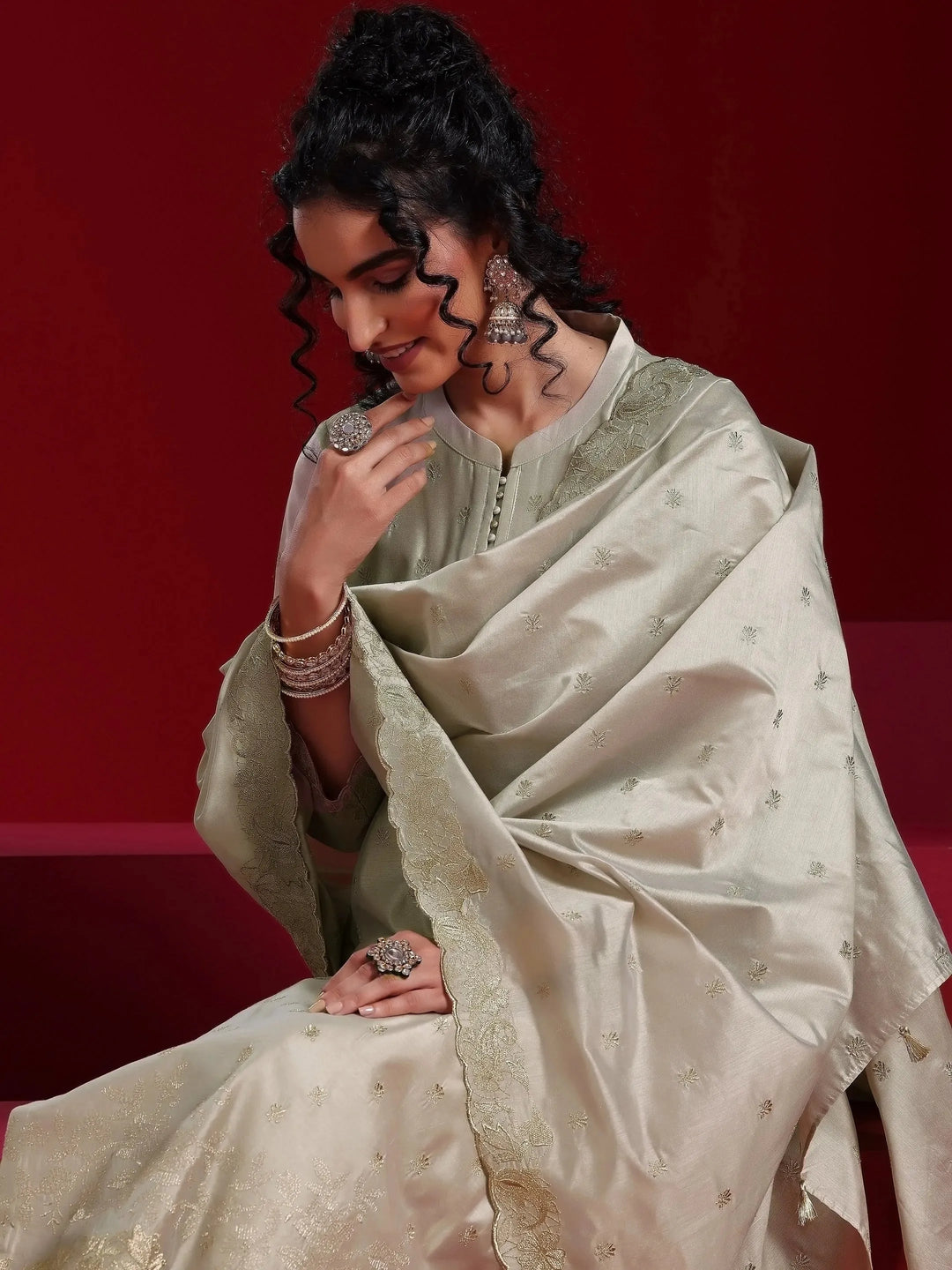  Libas Art Grey Embroidered Chanderi Silk Straight Suit With Dupatta 