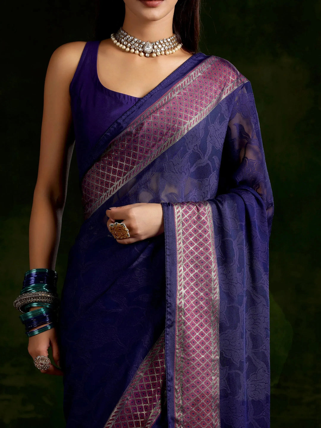  Blue Printed Silk Blend Saree With Unstitched Blouse Piece 