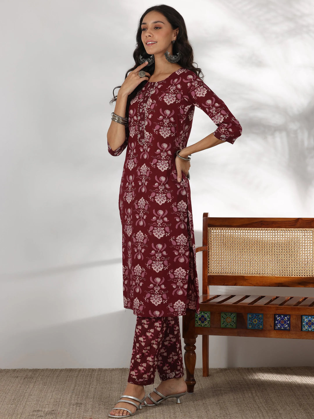  Maroon Printed Cotton Straight Suit With Dupatta 