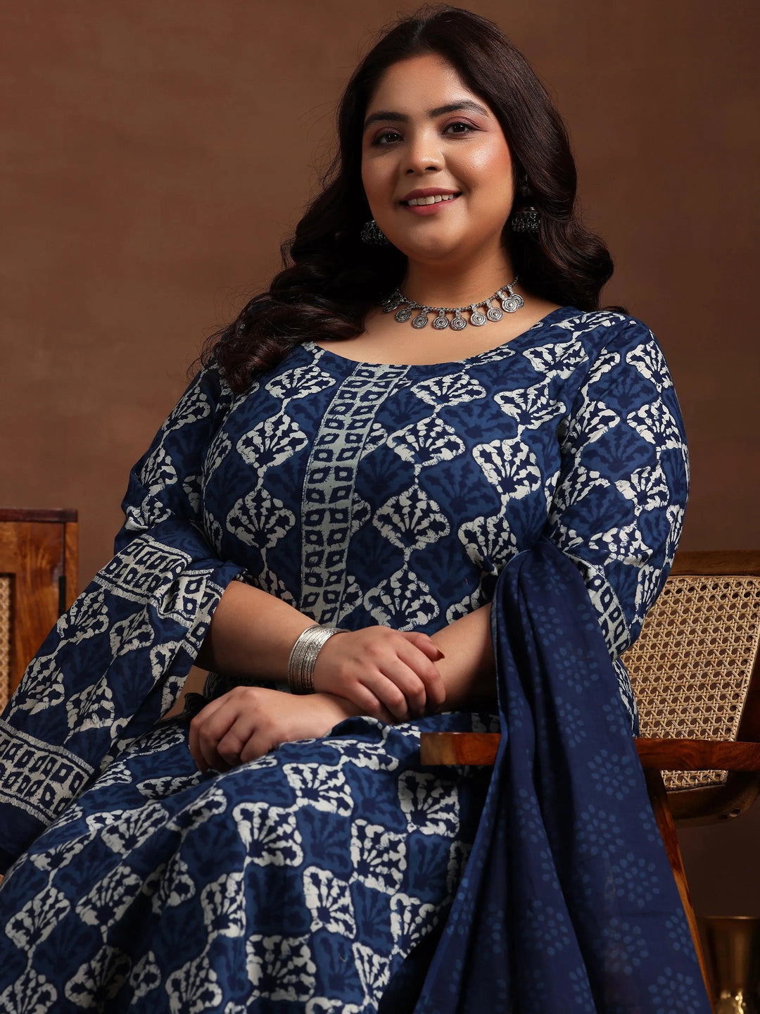 Plus Size Blue Printed Cotton Straight Suit With Dupatta - Libas 